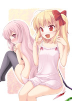 364097 - black_thighhighs blonde_hair blush chemise clothes_in_front crossover fang flandre_scarlet louise_francoise_le_blanc_de_la_valliere nude nullken panties pink_eyes pink_hair red_eyes thighhighs topless touhou un.jpg