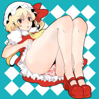 551896 - blonde_hair bow flandre_scarlet hat mary_janes necktie nikiro panties pantyshot pantyshot_sitting ponytail print_panties red_eyes ribbon shoes short_hair side_ponytail sitting strawberry_panties touhou.jpg