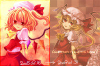 551012 - blonde_hair comparison english flandre_scarlet frills hat red_eyes rinka side_ponytail touhou vampire wings.jpg