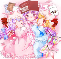 392920 -  bat_wings bed blonde_hair blush book closed_eyes flandre_scarlet hat hug lingerie long_hair lying nightgown pajamas patchouli_knowledge purple_eyes purple_hair red_eyes remilia_scarlet ribbon short_hair sleepi.jpg