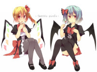 566560 - 2girls alternate_costume bad_id bat_wings blonde_hair blue_hair bow flandre_scarlet hair_bow ika mary_janes multiple_girls pantyhose pinstripe_pattern red_eyes remilia_scarlet ribbon shoes short_hair siblings s.jpg