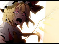 927934 - blonde_hair cloud_palette crazy_eyes dress fangs flandre_scarlet hat letterboxed necktie open_mouth red_eyes shirt short_hair solo touhou wings.jpg