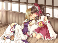 Konachan.com - 82846 blonde_hair brown_hair geike hakurei_reimu japanese_clothes long_hair miko touhou yakumo_yukari yuri.jpg