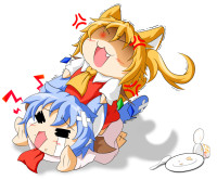 920980 - anger_vein animal_ears bandaid blonde_hair blue_hair cat_ears cat_tail chibi closed_eyes cup dress ear_pull empty fang flandre_scarlet glowing_eye kemonomimi_mode kokujuuji necktie open_mouth pink_dress plate r.jpg