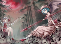 818753 - 2girls bare_tree blonde_hair blue_hair bon building cloud flandre_scarlet hat looking_at_viewer moon multiple_girls polearm red_moon remilia_scarlet short_hair siblings side_ponytail sisters sitting skeleton sk.jpg