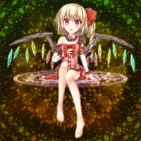 923631 - alternate_costume barefoot bare_legs bare_shoulders blonde_hair bow detached_sleeves feet flandre_scarlet floating hair_bow highres magic_circle off_shoulder red_eyes short_hair side_ponytail sitting solo toshi.jpg