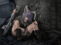 e160efcbc83a9c177f496087d00be9e9 gun long_hair weapon touhou animal_ears boots call_of_duty crossover purple_hair rain reise.jpg