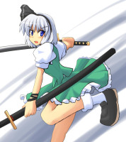 0c61bfddca24c861b2be6189214e6e4f blue_eyes konpaku_youmu silver_hair solo touhou hair_ribbon ribbon katana sword weapon haru.jpg