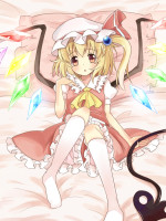 828223 - aiba_kou ascot blonde_hair blush flandre_scarlet hat hat_ribbon kneehighs laevatein lying on_back pillow red_eyes ribbon side_ponytail solo touhou weapon white_kneehighs wings.jpg