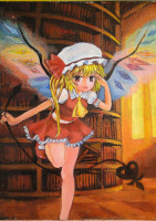 891777 - ascot blonde_hair book bookshelf fang flandre_scarlet hat hat_ribbon highres john_(artist) laevatein oil_painting_(medium) red_eyes ribbon short_hair side_ponytail skirt solo standing_on_one_leg touhou traditio.jpg