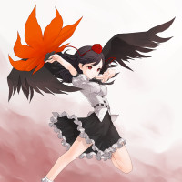 Gelbooru 251167 black_hair black_wings frills hat kazuoki red_eyes ribbon shameimaru_aya skirt solo tokin_hat touhou wings.jpg