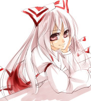 279645 - bow chin_rest fujiwara_no_mokou hair_bow hand_on_face light_smile looking_at_viewer lowres miya9 red_eyes shirt suspenders touhou.jpg