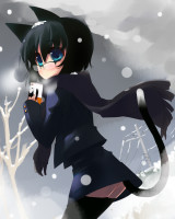 Danbooru 478329 animal_ears black_hair blue_eyes cat_ears cat_tail glasses jacket newhonpo original scarf short_hair solo tail thighhighs.jpg