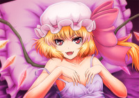 1012307 - blonde_hair dress fangs flandre_scarlet hands_to_chest hat hat_ribbon lying nazal nightgown on_back open_mouth pillow purple_dress red_eyes ribbon side_ponytail smile solo strap_slip touhou wings.jpg