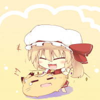 1017409 -  =_= ascot blonde_hair blush cat cheek_pull chibi closed_eyes dress fang fat flandre_scarlet hat hazuki_ruu hazuki_ruu's_cat red_dress shirt side_ponytail solo struggle surprised tears touhou wings.jpg