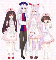 moe 163384 animal_ears bunny_ears houraisan_kaguya inaba_tewi nurse pantyhose reisen_udongein_inaba touhou yagokoro_eirin yutsumoe.jpg