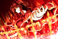 Konachan.com - 75171 cape cross fire gloves magic okazaki_yumemi red_eyes red_hair ribbons short_hair touhou.jpg