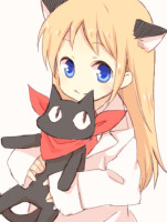 586 - amu_(m_aa) animal_ears black_cat_(animal) blonde_hair blue_eyes blush cat cat_ears cat_tail hakase_(nichijou) holding kemonomimi_mode labcoat long_hair nichijou sakamoto_(nichijou) scarf smile tagme tai.jpg