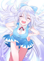 Gelbooru 1445913 1girl adult alternate_hairstyle barefoot blue_dress blue_hair bow breasts cirno cleavage cleavage_cutout dress eyes_closed hair_bow hands_on_hips happy solo.jpg