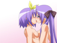 Konachan.com - 44158 2girls blue_eyes blush breasts hiiragi_kagami hiiragi_tsukasa kiss long_hair lucky_star nipples purple_hair short_hair wet yuri.jpg