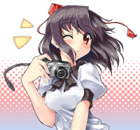 Gelbooru 817408 brown_hair camera hat piromizu red_eyes shameimaru_aya short_hair solo tokin_hat touhou wink.jpg