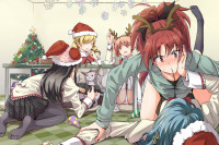 Konachan.com - 122838 black_hair blue_hair blush bow christmas hat horns kyuubee long_hair panties pink_hair red_eyes ribbons seifuku short_hair skirt twintails underwear.jpg