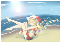 761026 - arnest barefoot bare_shoulders beach blonde_hair flandre_scarlet hat legs ponytail red_eyes short_hair side_ponytail solo swimsuit touhou wings.png