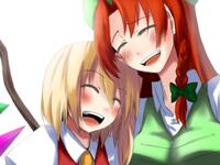 465261 - 2girls blonde_hair blush bow braid bust closed_eyes flandre_scarlet hair_bow hat hong_meiling laughing multiple_girls no_hat open_mouth oyaji_kusa red_hair touhou twin_braids wings.png