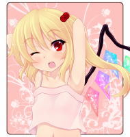 854484 - armpits blonde_hair bust camisole face fang flandre_scarlet highres kiyomin long_hair navel red_eyes side_ponytail smile touhou wings wink.png