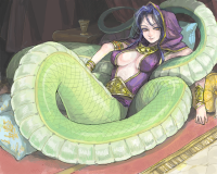 4792 - blue_hair bracelet breasts cleavage hood jewelry lamia lying scales tagme.png