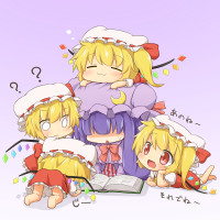 931529 -  3 5girls all_fours bare_legs blonde_hair blush book chibi clone closed_eyes crescent dress flandre_scarlet hat mokana_natsumi multiple_girls on_stomach o_o open_mouth patchouli_knowledge purple_dress purple_ha.png