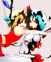 232244 - blonde_hair blue_hair chirigami-san cookie cup flandre_scarlet hat hug leaning_forward mouth_hold red_eyes remilia_scarlet short_hair siblings sisters smile tea teacup touhou wings.png