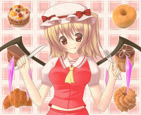 919354 - blonde_hair cake croissant doughnut flandre_scarlet food fork hat highres knife p red_eyes short_hair smile tongue touhou tsujishiro_naohitagi wings.png