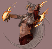 595664 - abs arm_up bad_id evil_grin fire fujiwara_no_mokou grin kirusu long_hair looking_down mound_of_venus muscle open_clothes open_shirt outstretched_arm outstretched_hand red_eyes sharp_teeth silver_hair simple_bac.png