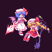 852414 - 2girls ascot blonde_hair blue_eyes blue_hair dress flandre_scarlet hand_over_eye hat kou_2008 lowres mary_janes multiple_girls pixel_art polearm red_eyes remilia_scarlet shoes siblings side_ponytail sisters spe.png