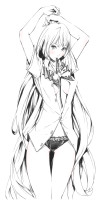 518110 - adjusting_hair arms_up black_panties breasts cleavage dressing dress_shirt fujiwara_no_mokou hime_cut legs long_hair monochrome mouth_hold no_bra open_clothes open_shirt panties ribbon sawasawa spot_color stand.png